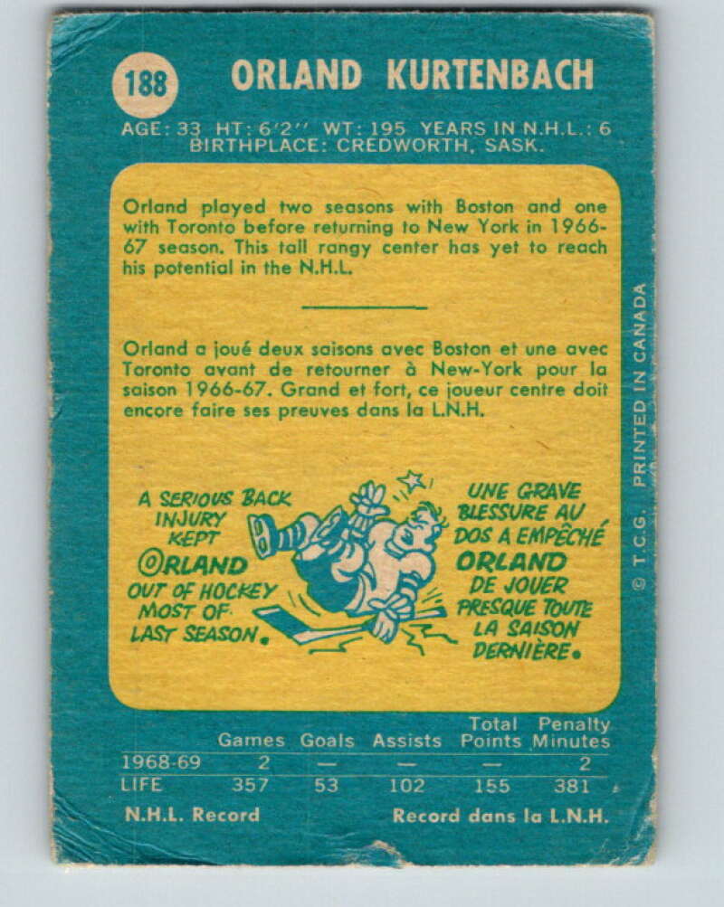 1969-70 O-Pee-Chee #188 Orland Kurtenbach  New York Rangers  V1809