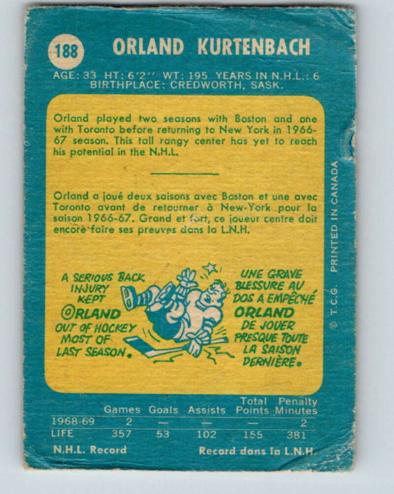 1969-70 O-Pee-Chee #188 Orland Kurtenbach  New York Rangers  V1811