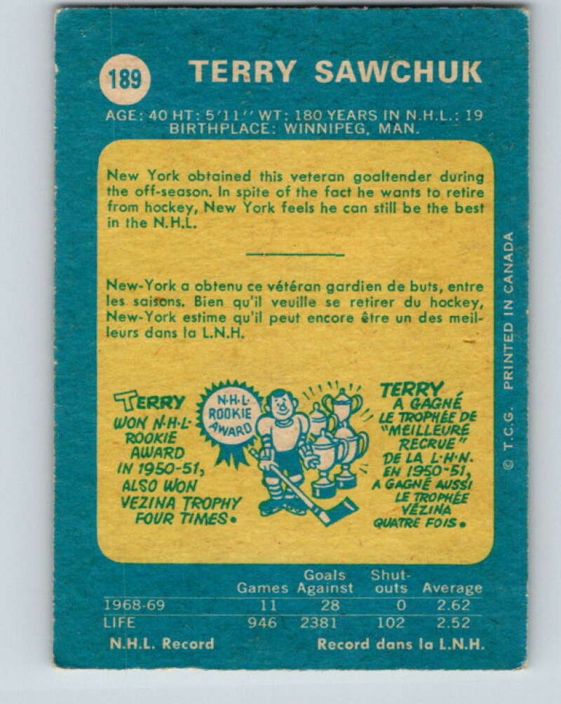 1969-70 O-Pee-Chee #189 Terry Sawchuk  New York Rangers  V1815