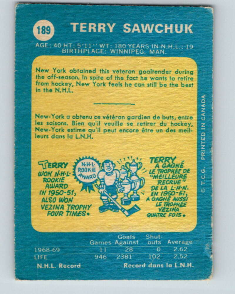 1969-70 O-Pee-Chee #189 Terry Sawchuk  New York Rangers  V1816