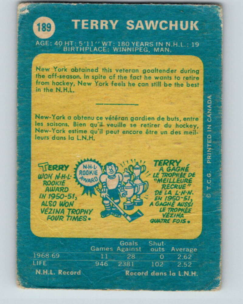 1969-70 O-Pee-Chee #189 Terry Sawchuk  New York Rangers  V1817