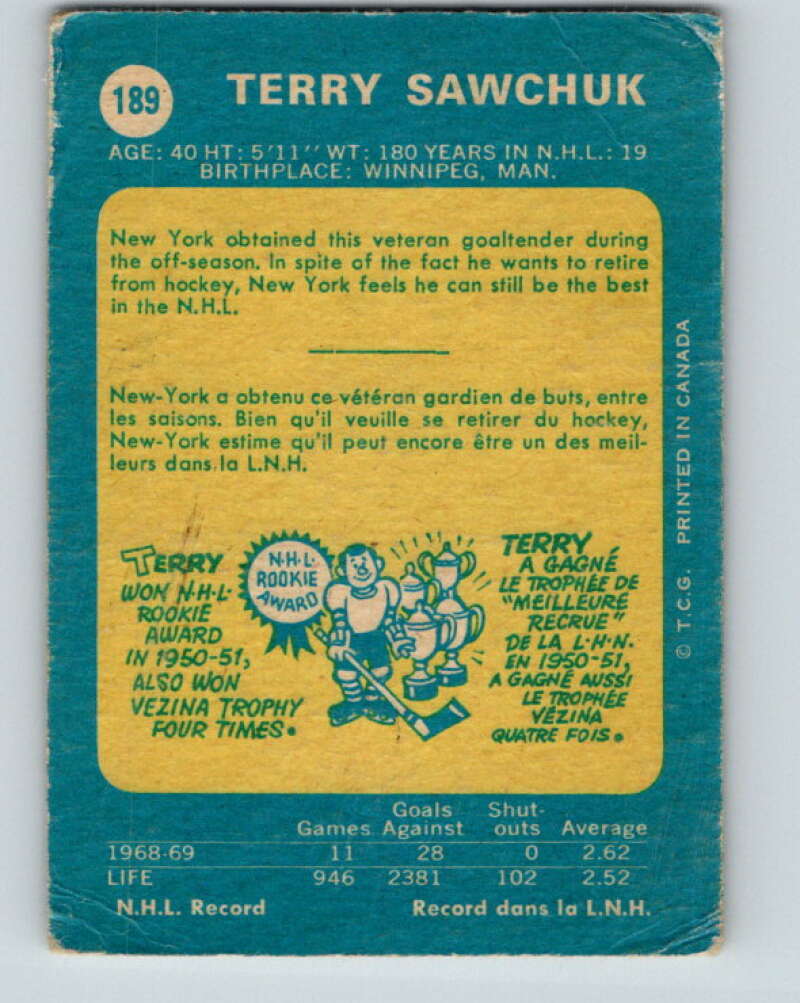 1969-70 O-Pee-Chee #189 Terry Sawchuk  New York Rangers  V1818