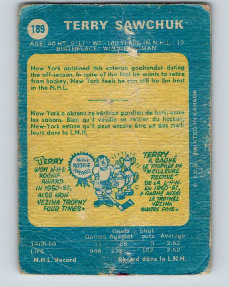 1969-70 O-Pee-Chee #189 Terry Sawchuk  New York Rangers  V1823