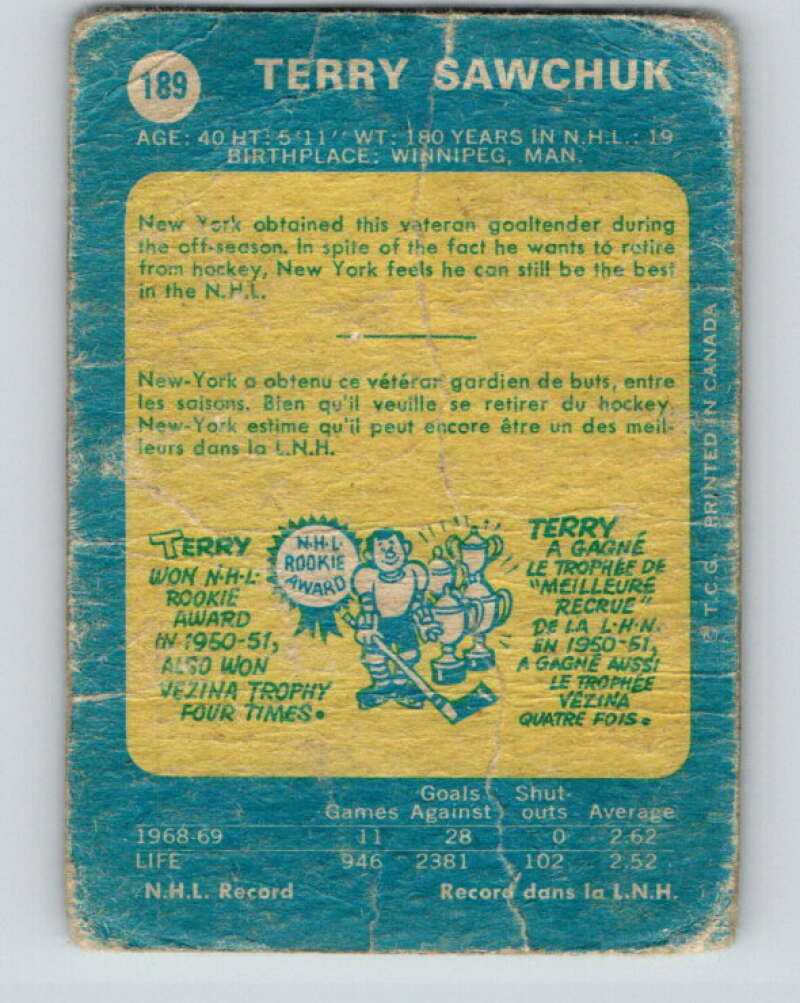 1969-70 O-Pee-Chee #189 Terry Sawchuk  New York Rangers  V1824