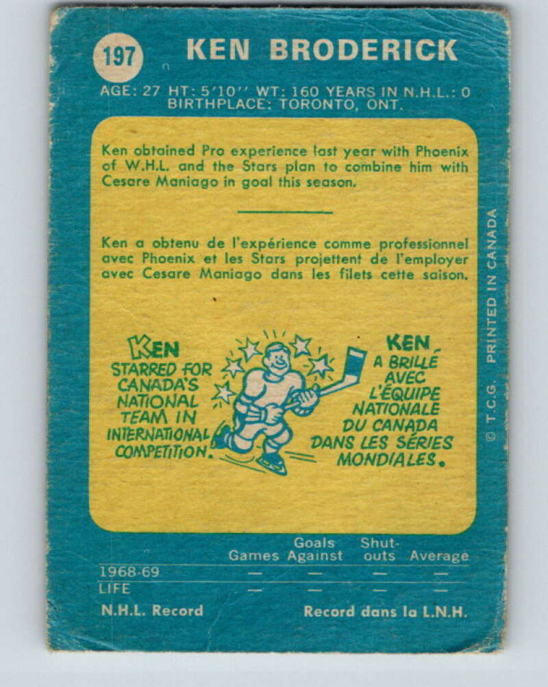 1969-70 O-Pee-Chee #197 Ken Broderick  RC Rookie North Stars  V1851