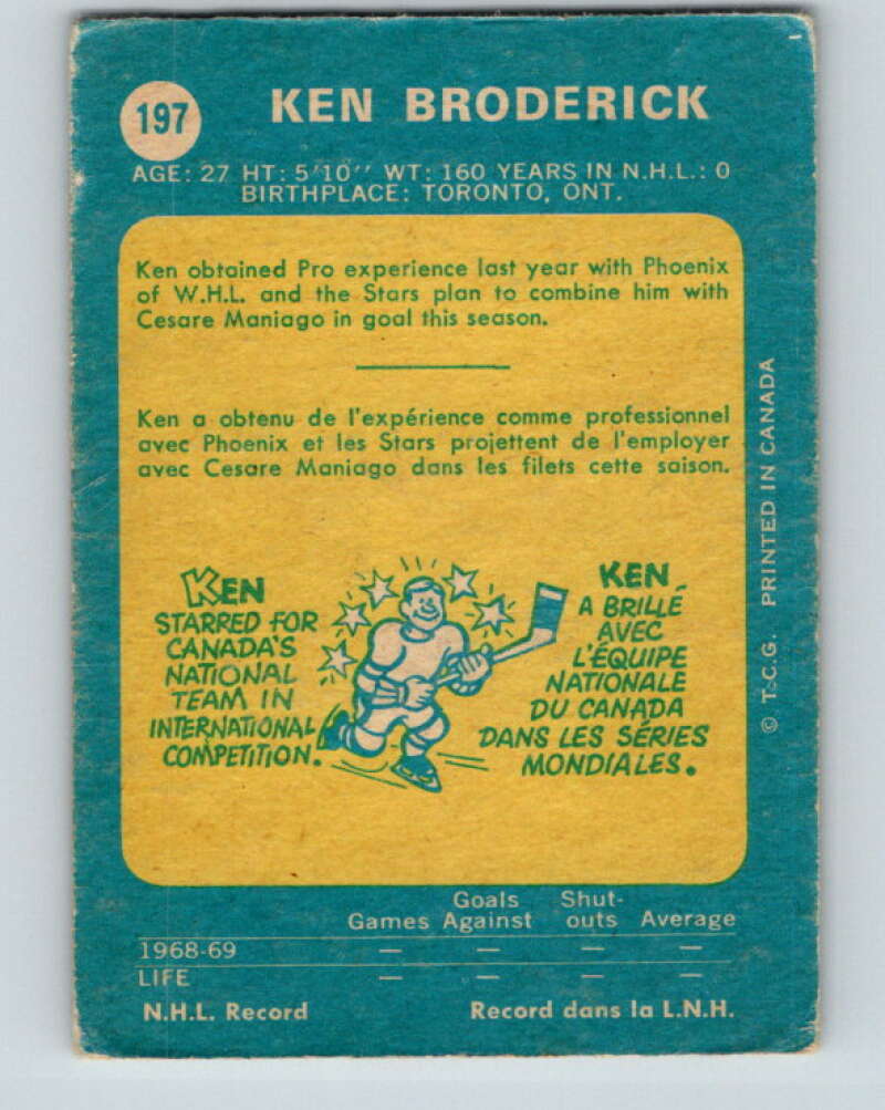1969-70 O-Pee-Chee #197 Ken Broderick  RC Rookie  North Stars  V1855