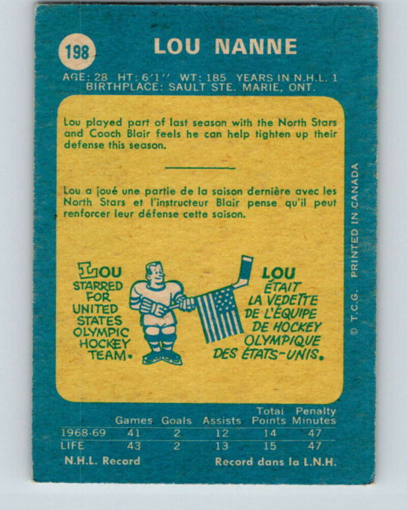 1969-70 O-Pee-Chee #198 Lou Nanne  RC Rookie Minnesota North Stars  V1857
