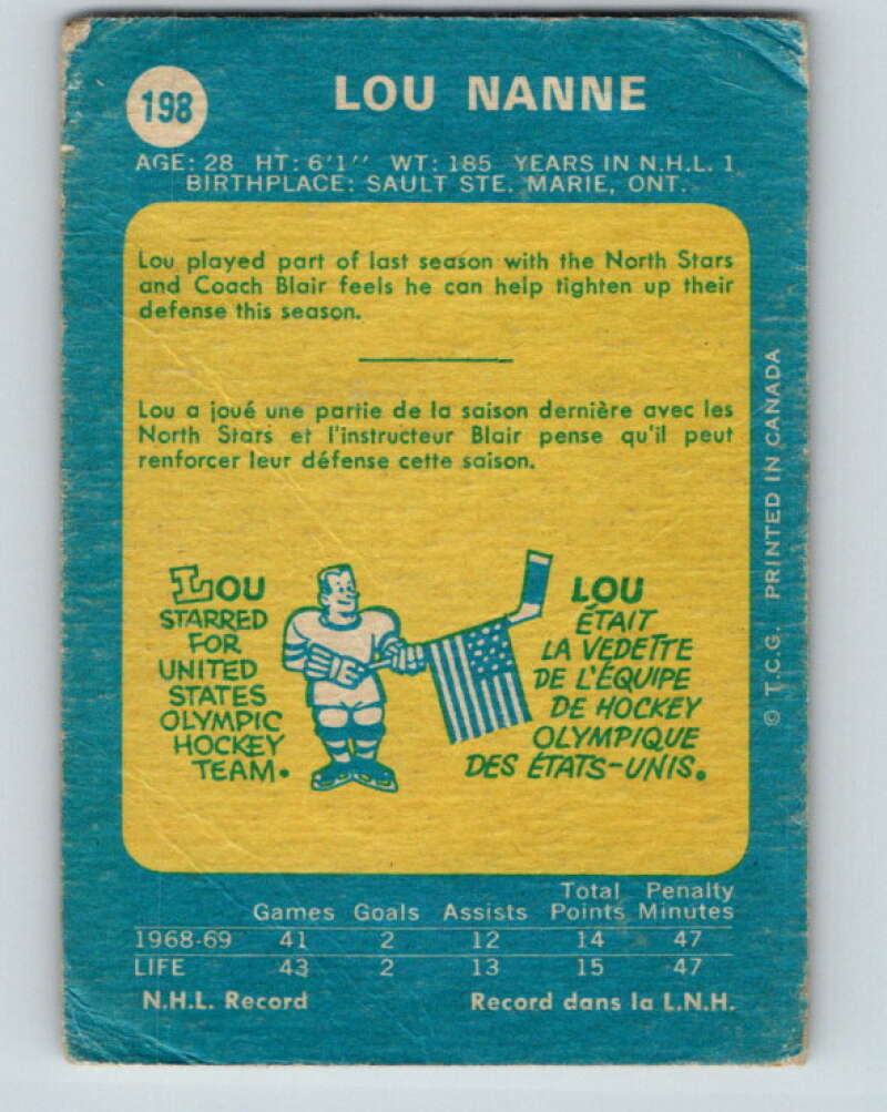 1969-70 O-Pee-Chee #198 Lou Nanne  RC Rookie Minnesota North Stars  V1859