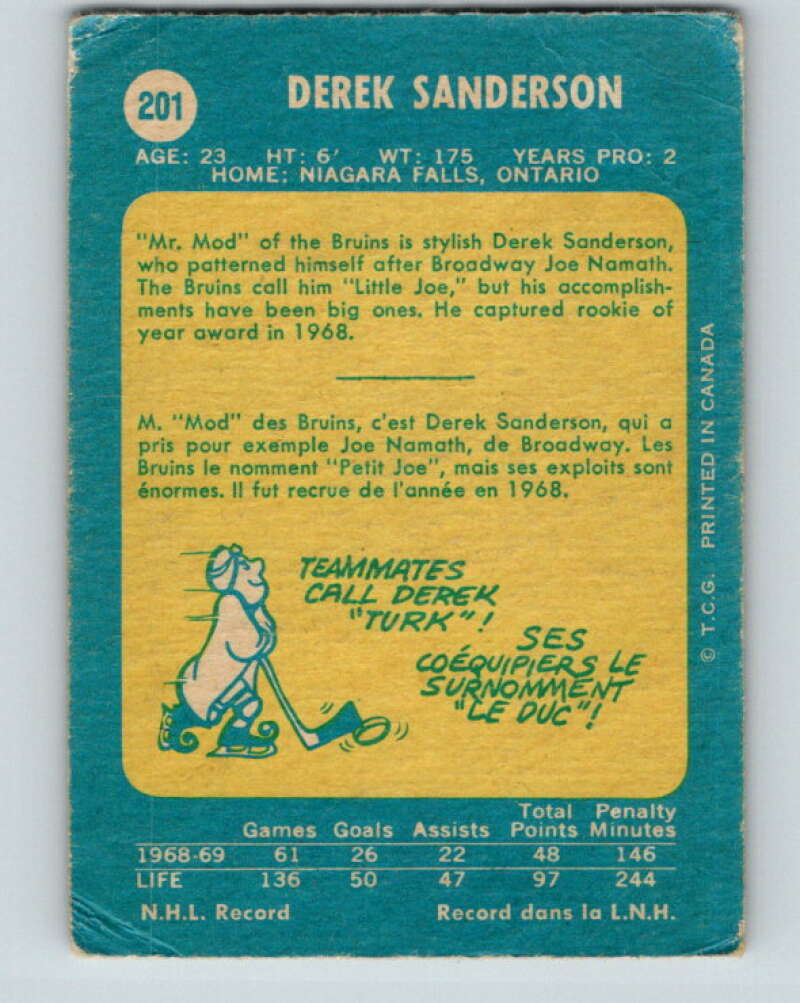 1969-70 O-Pee-Chee #201 Derek Sanderson  Boston Bruins  V1879
