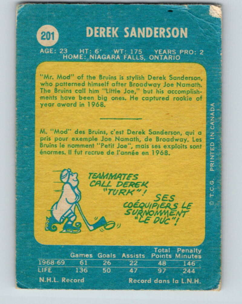 1969-70 O-Pee-Chee #201 Derek Sanderson  Boston Bruins  V1880