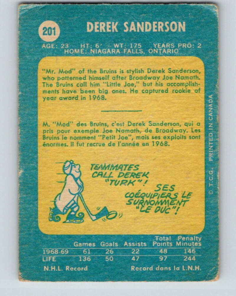 1969-70 O-Pee-Chee #201 Derek Sanderson  Boston Bruins  V1881