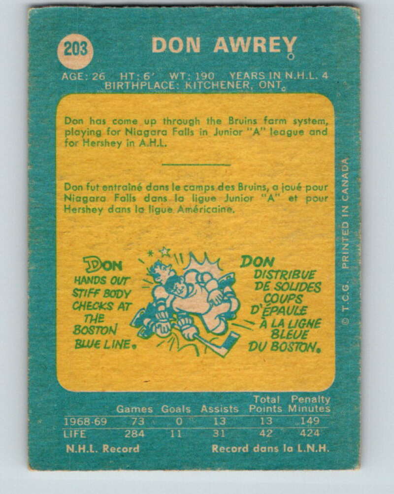 1969-70 O-Pee-Chee #203 Don Awrey  Boston Bruins  V1890