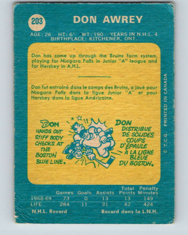 1969-70 O-Pee-Chee #203 Don Awrey  Boston Bruins  V1891