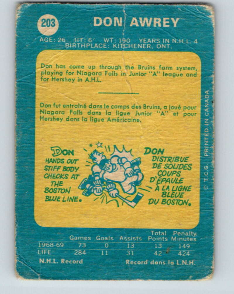 1969-70 O-Pee-Chee #203 Don Awrey  Boston Bruins  V1893