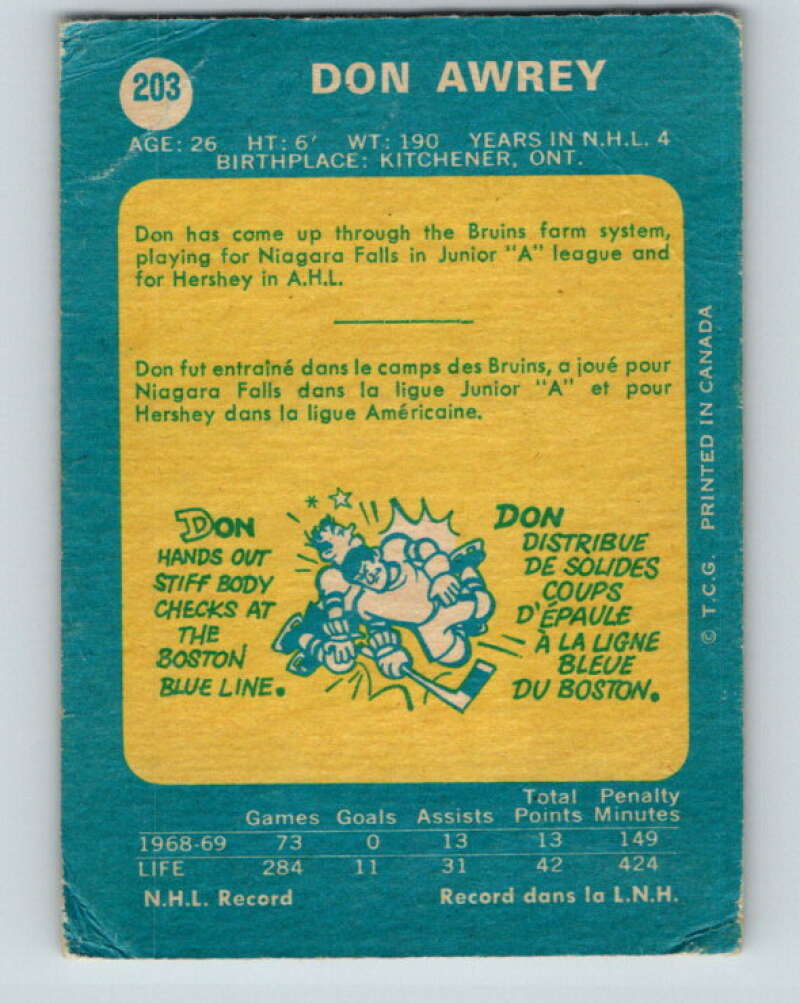 1969-70 O-Pee-Chee #203 Don Awrey  Boston Bruins  V1894