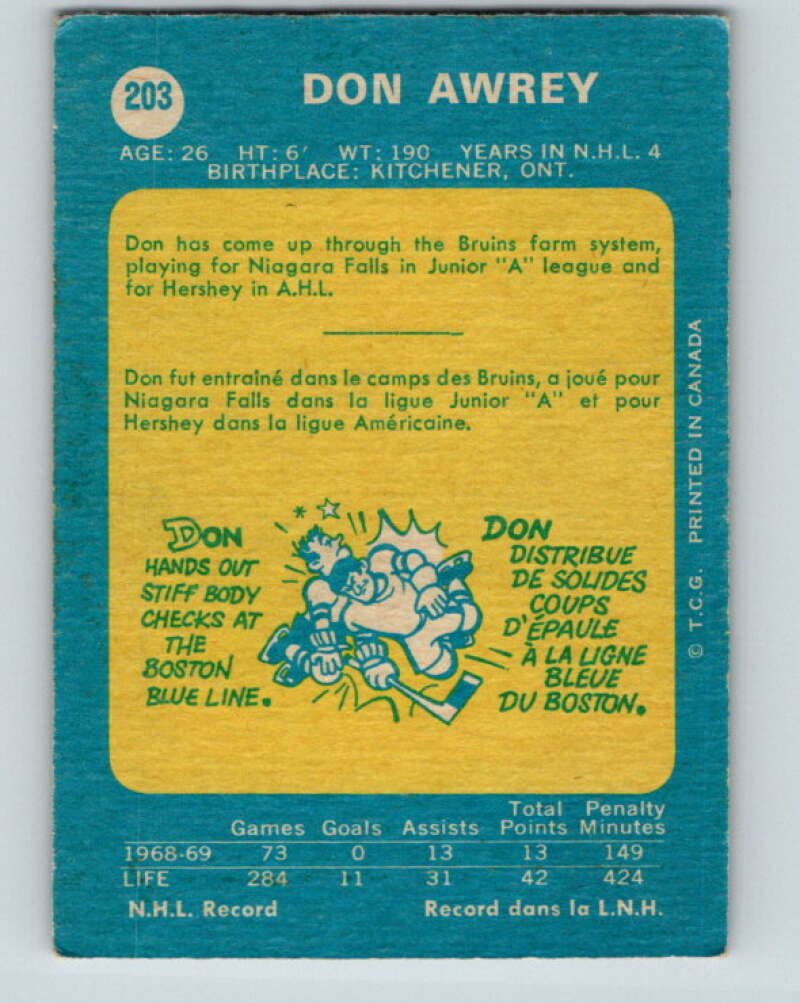 1969-70 O-Pee-Chee #203 Don Awrey  Boston Bruins  V1895