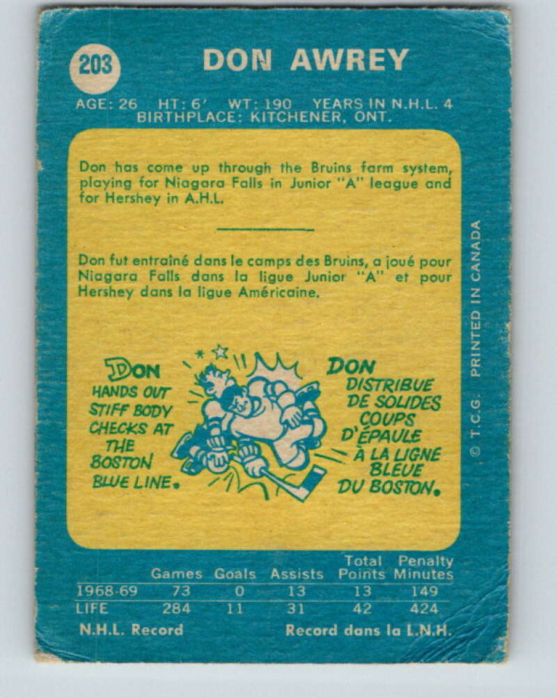 1969-70 O-Pee-Chee #203 Don Awrey  Boston Bruins  V1896