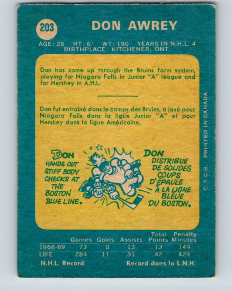 1969-70 O-Pee-Chee #203 Don Awrey  Boston Bruins  V1897