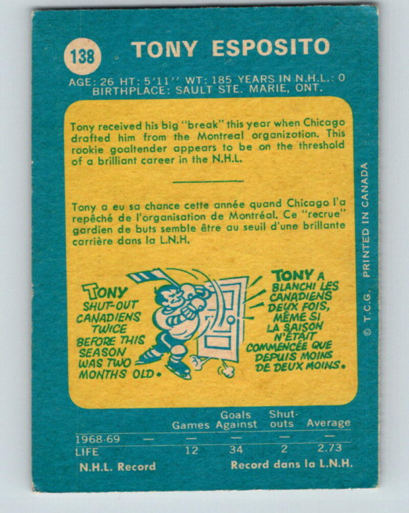 1969-70 O-Pee-Chee #138 Tony Esposito RC Rookie Chicago Blackhawks V2013