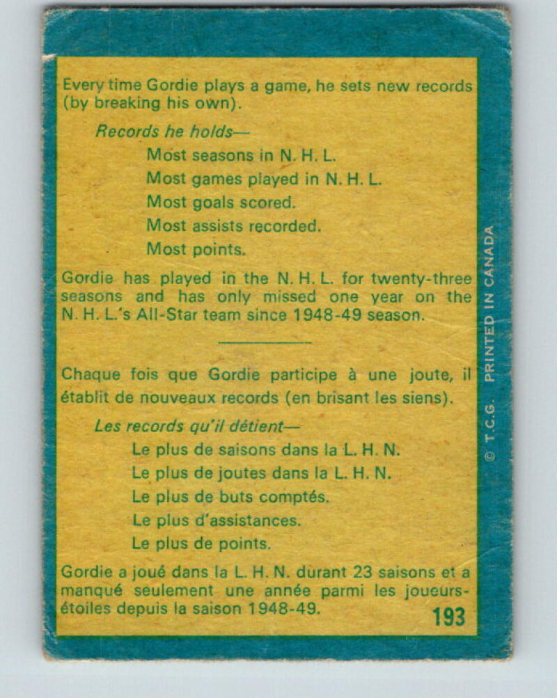 1969-70 O-Pee-Chee #193b Gordie Howe Detroit Red Wings V2031