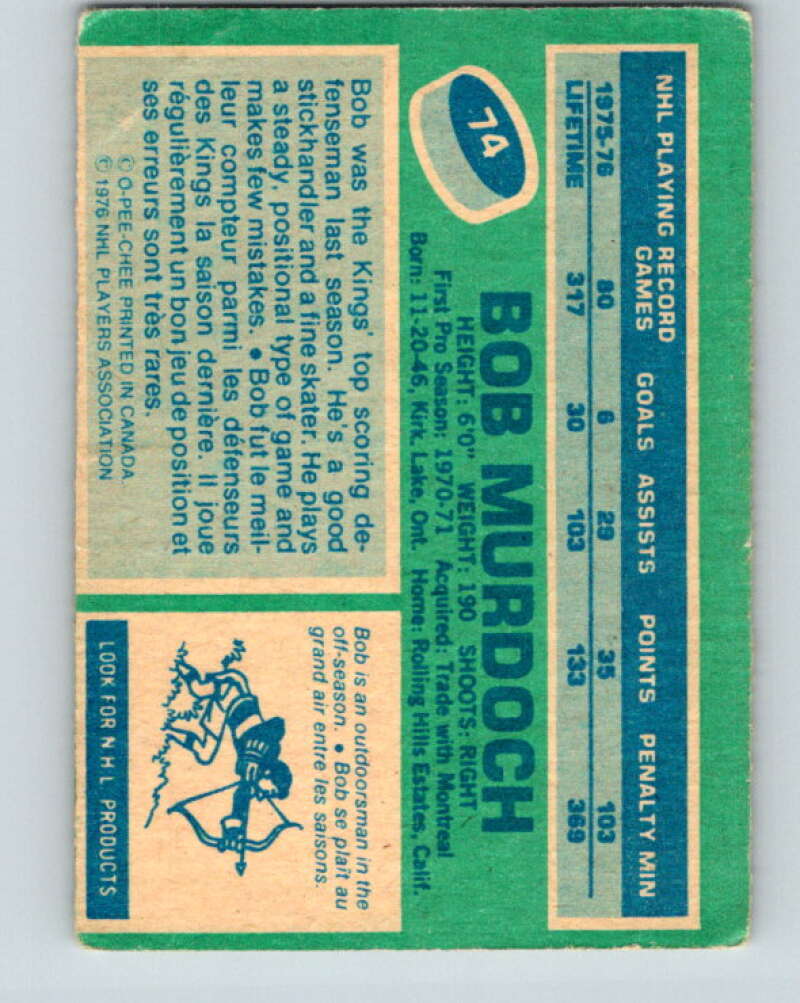 1976-77 OPC #74 Bob Murdoch  Los Angeles Kings  V2069