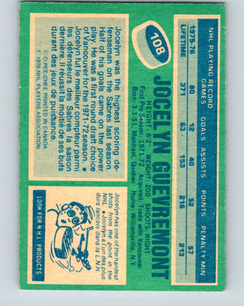 1976-77 OPC #108 Jocelyn Guevremont  Buffalo Sabres  V2087