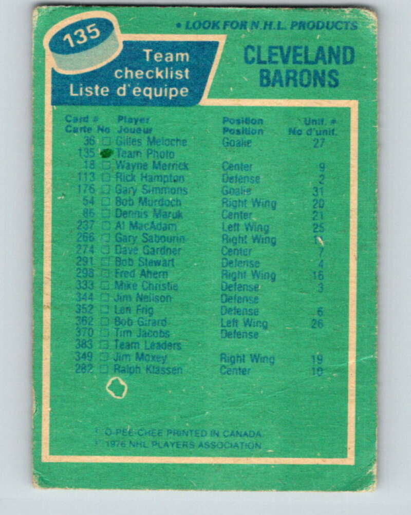 1976-77 OPC #135 California Golden Seals CL  California Golden Seals  V2111