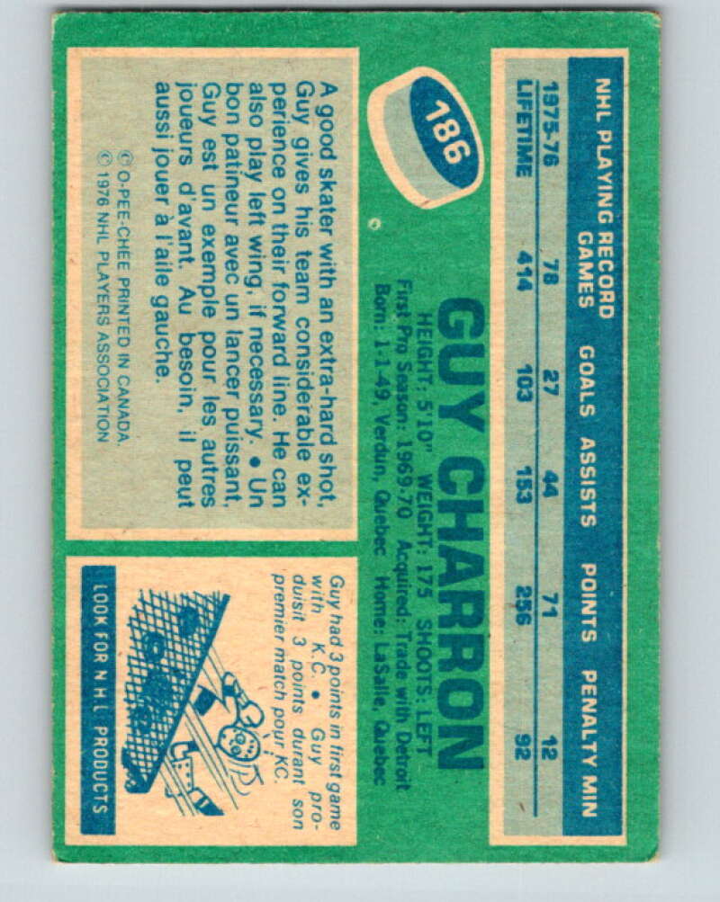 1976-77 OPC #186 Guy Charron  Washington Capitals  V2141