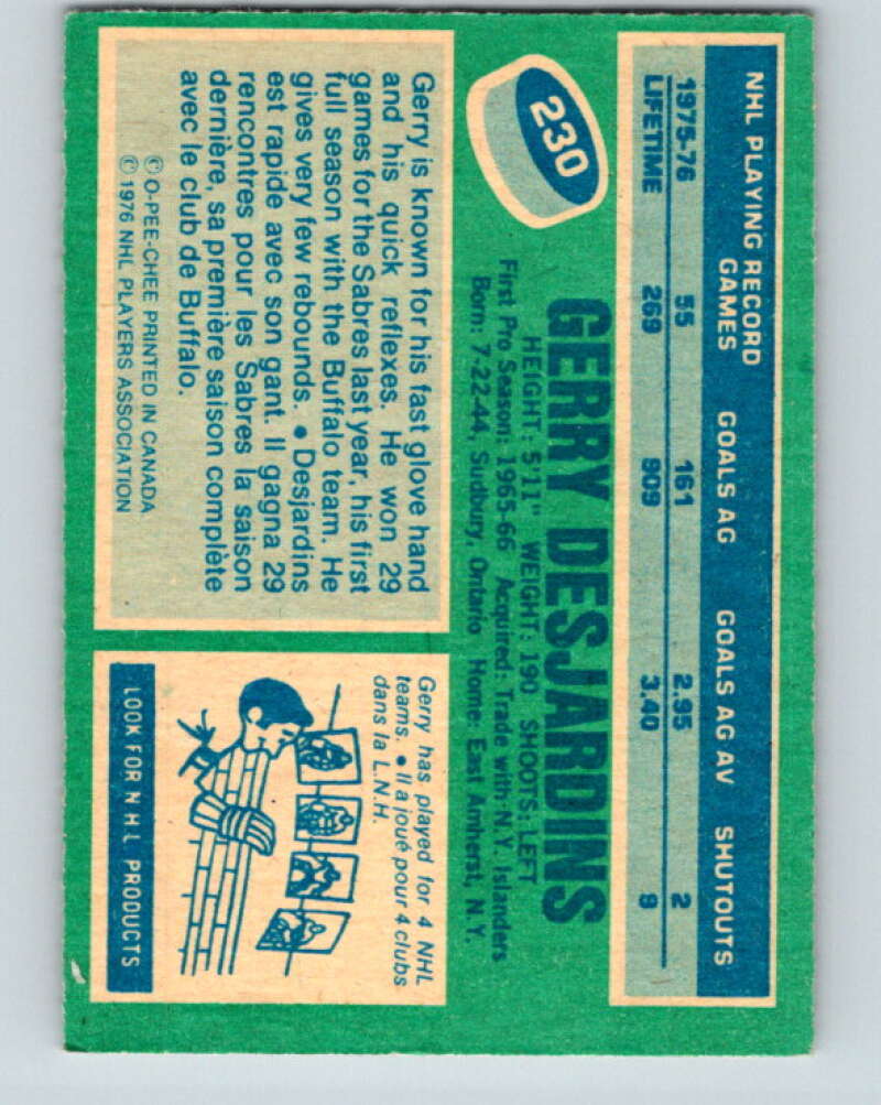 1976-77 OPC #230 Gerry Desjardins  Buffalo Sabres  V2175