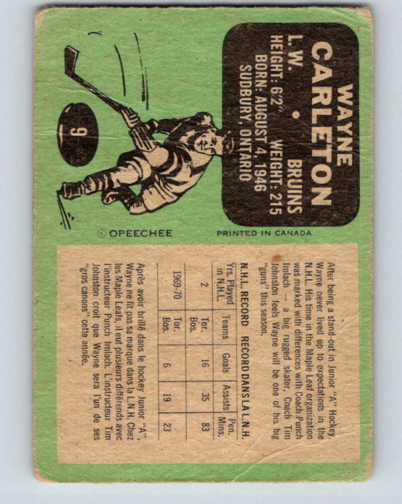 1970-71 O-Pee-Chee #9 Wayne Carleton  Boston Bruins  V2435