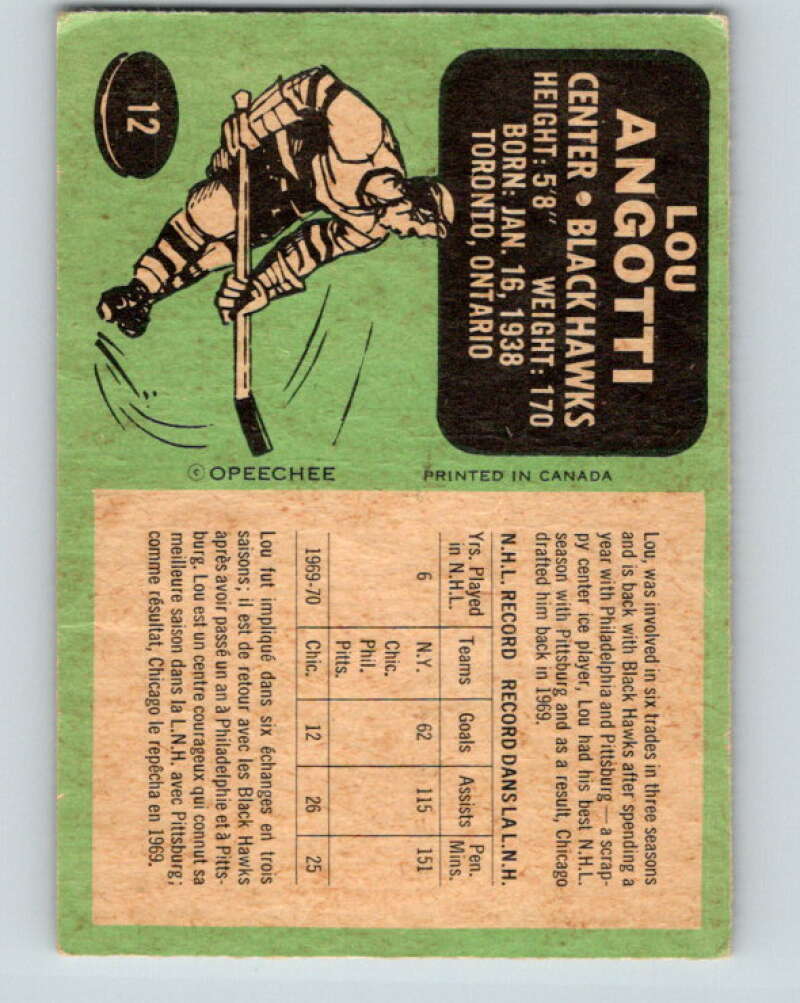 1970-71 O-Pee-Chee #12 Lou Angotti  Chicago Blackhawks  V2439