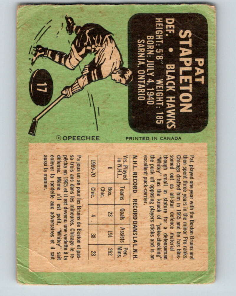 1970-71 O-Pee-Chee #17 Pat Stapleton  Chicago Blackhawks  V2454