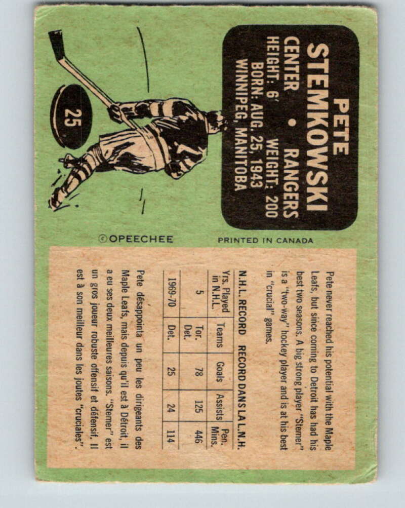 1970-71 O-Pee-Chee #25 Pete Stemkowski  Detroit Red Wings  V2476
