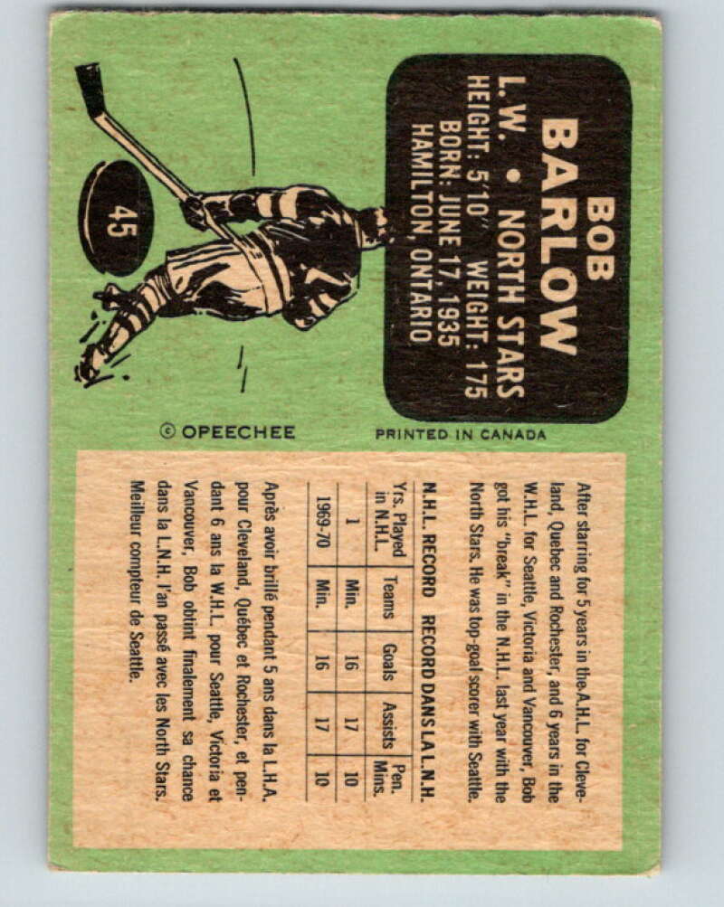 1970-71 O-Pee-Chee #45 Bob Barlow  Minnesota North Stars  V2520
