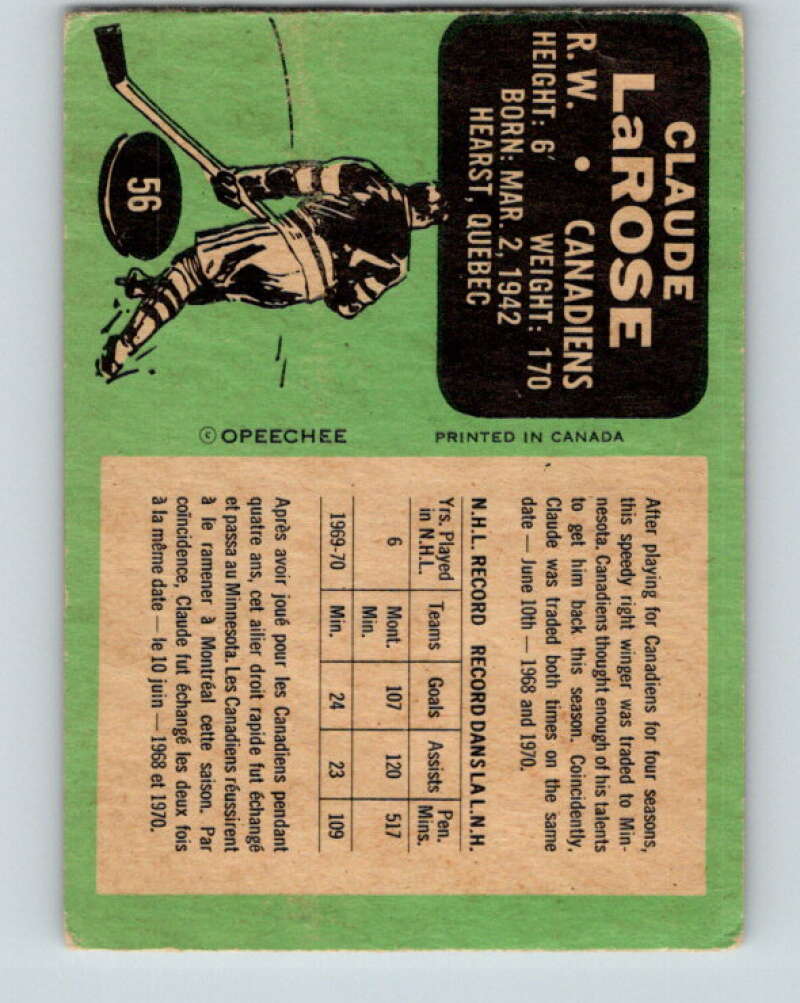 1970-71 O-Pee-Chee #56 Claude Larose  Montreal Canadiens  V2543