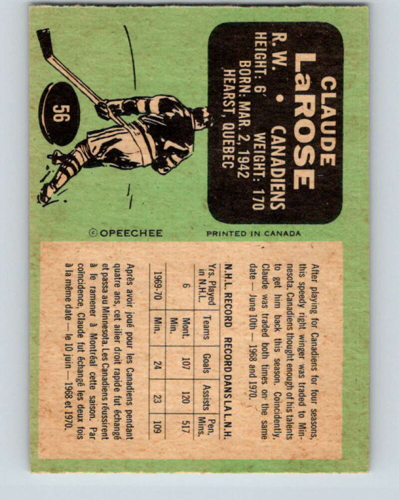 1970-71 O-Pee-Chee #56 Claude Larose  Montreal Canadiens  V2544