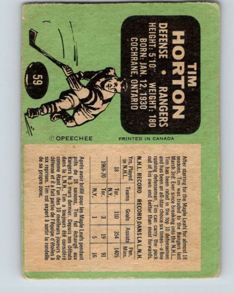 1970-71 O-Pee-Chee #59 Tim Horton  New York Rangers  V2554
