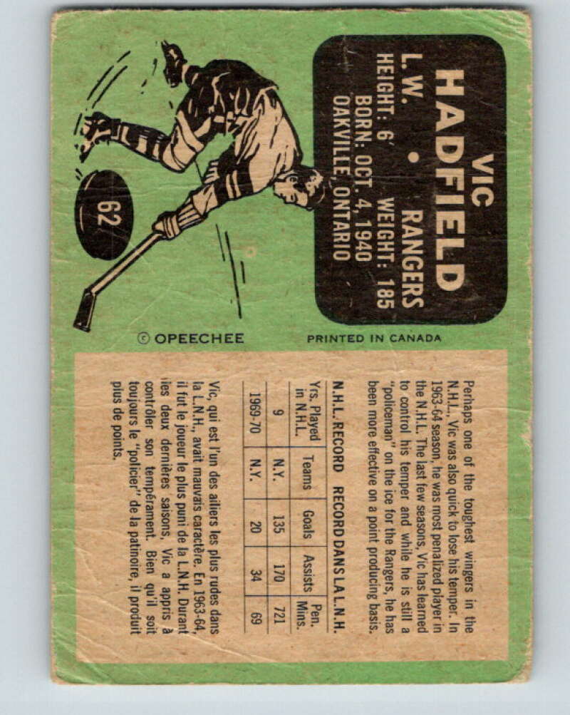 1970-71 O-Pee-Chee #62 Vic Hadfield  New York Rangers  V2561