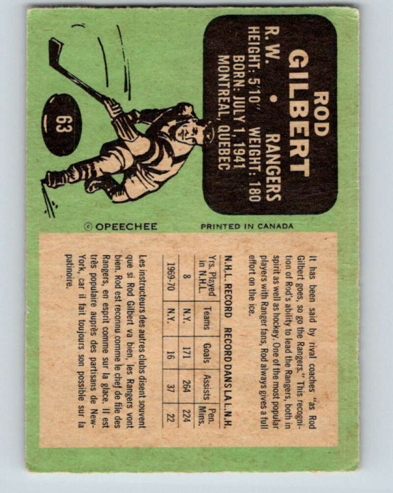 1970-71 O-Pee-Chee #63 Rod Gilbert  New York Rangers  V2562