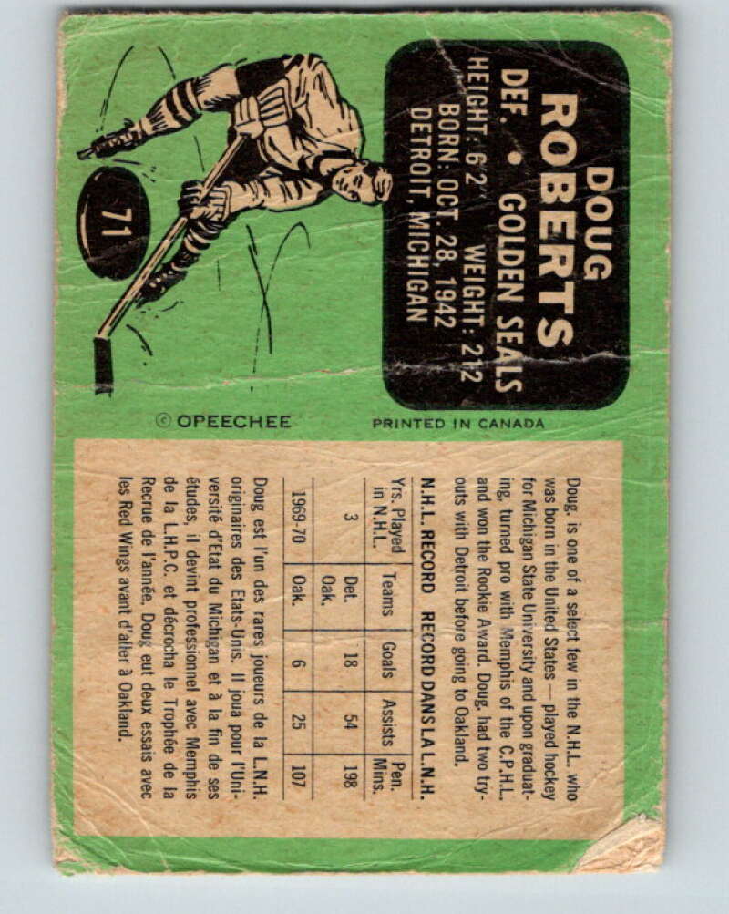 1970-71 O-Pee-Chee #71 Doug Roberts  California Golden Seals  V2579