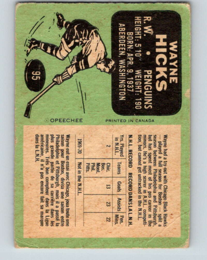 1970-71 O-Pee-Chee #95 Wayne Hicks  RC Rookie Pittsburgh Penguins  V2623