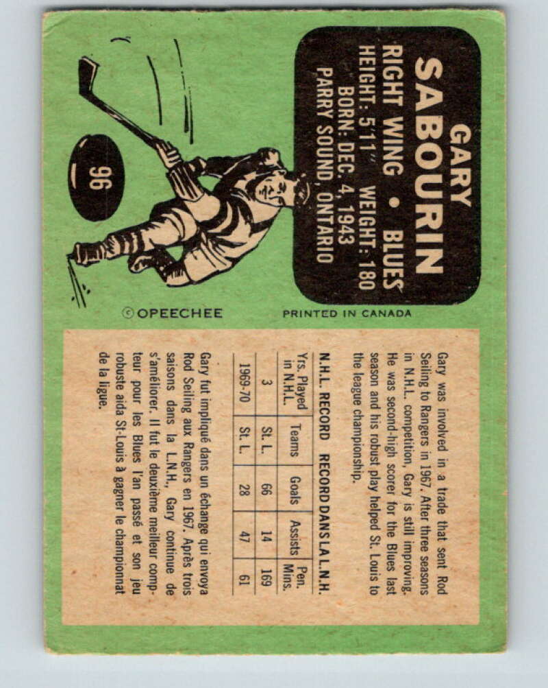 1970-71 O-Pee-Chee #96 Gary Sabourin  St. Louis Blues  V2625