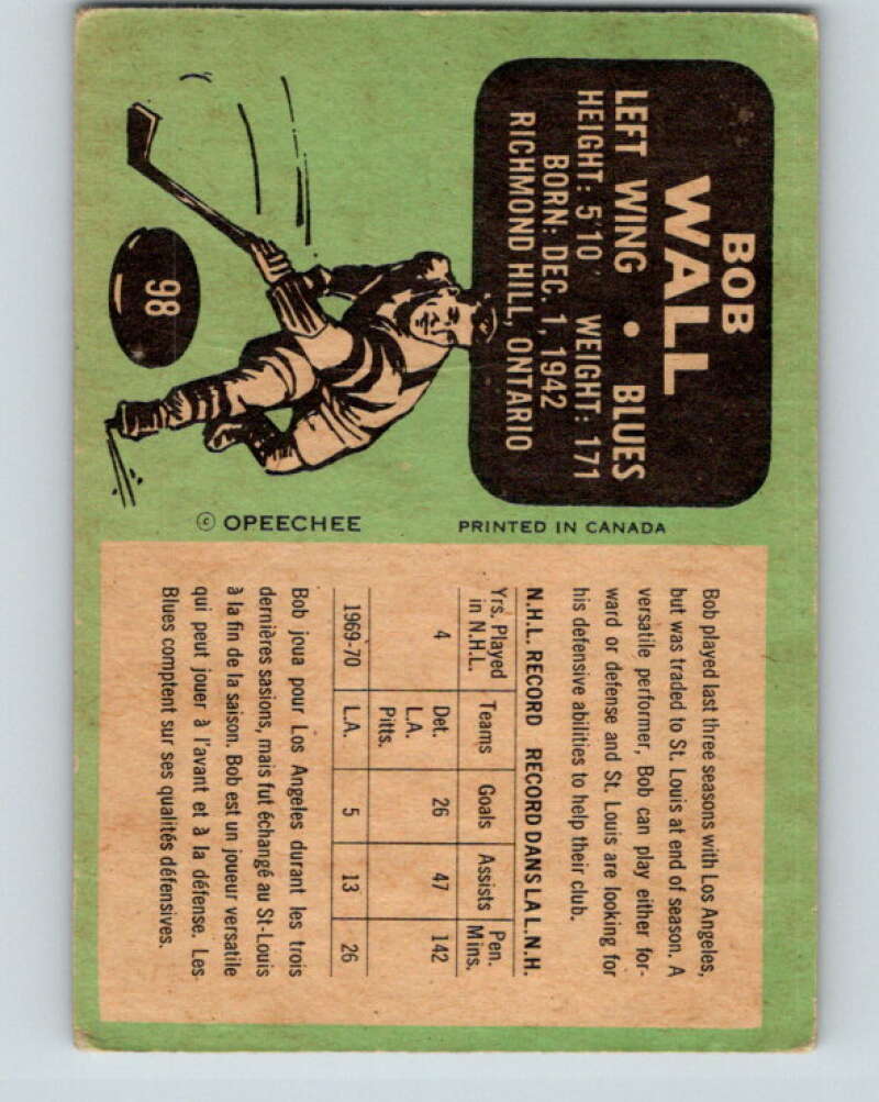 1970-71 O-Pee-Chee #98 Bob Wall  St. Louis Blues  V2630