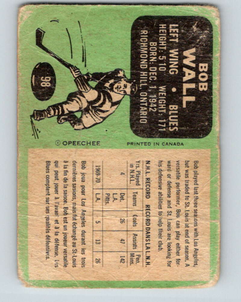 1970-71 O-Pee-Chee #98 Bob Wall  St. Louis Blues  V2631