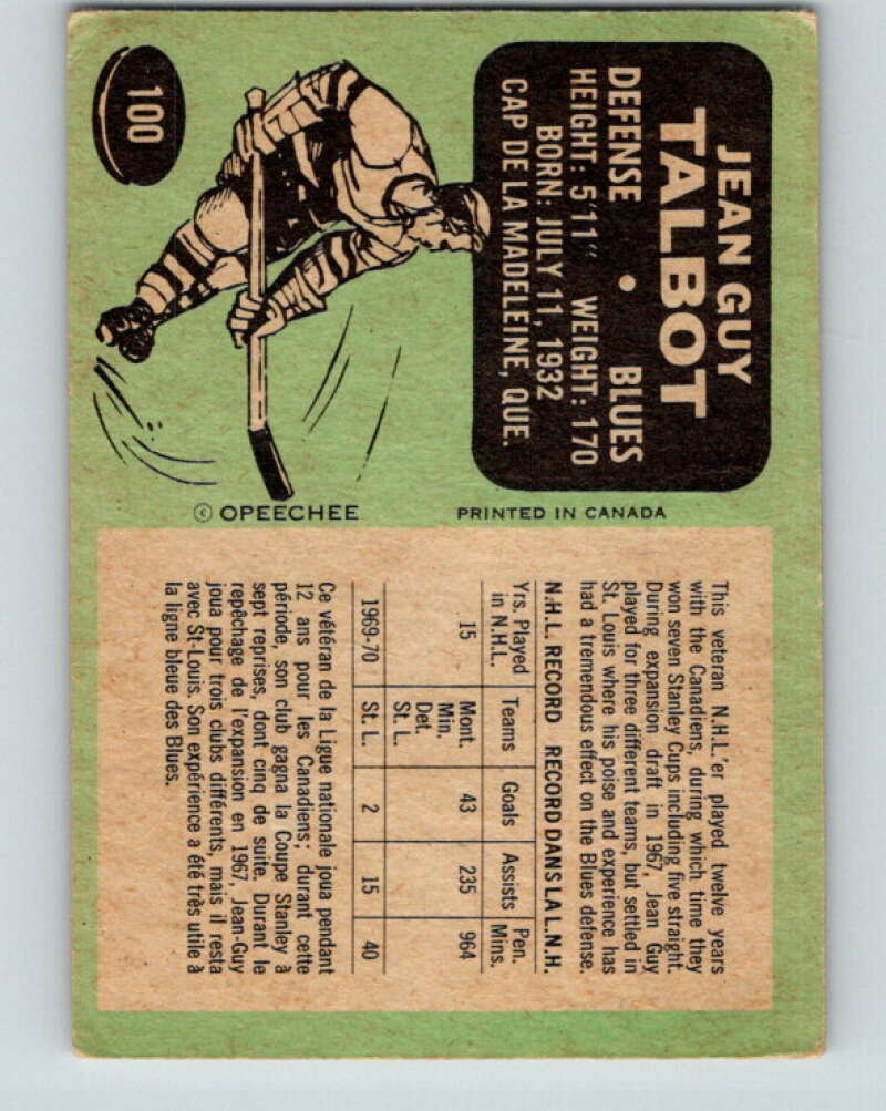 1970-71 O-Pee-Chee #100 Jean-Guy Talbot  St. Louis Blues  V2634