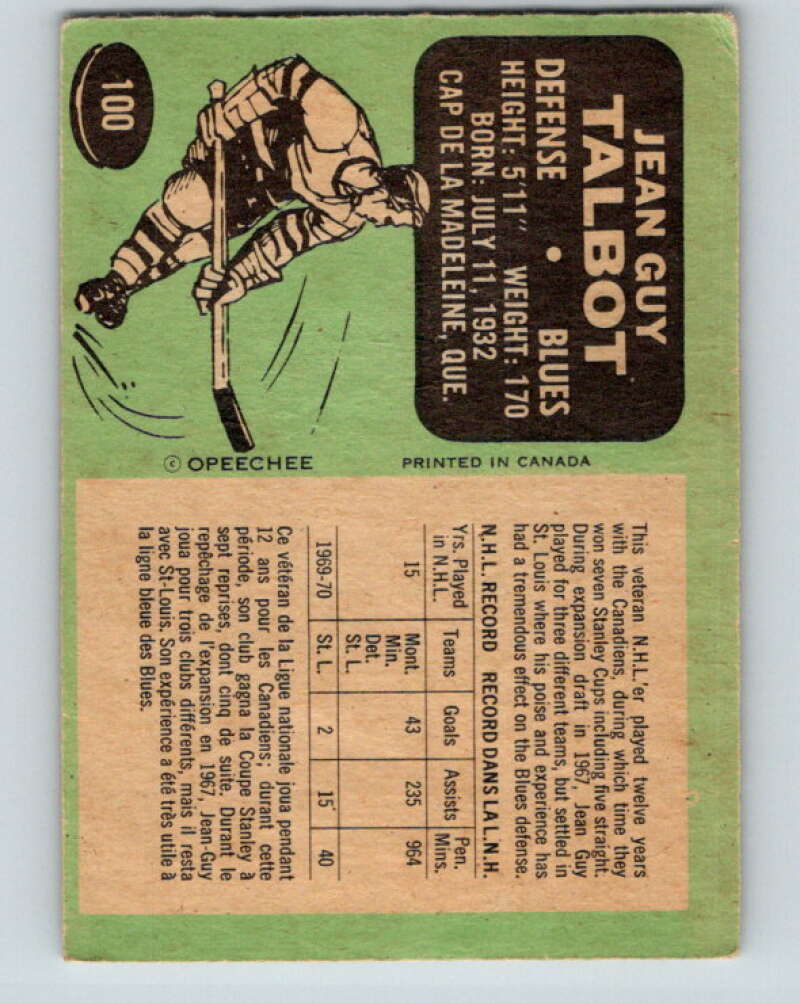 1970-71 O-Pee-Chee #100 Jean-Guy Talbot  St. Louis Blues  V2635