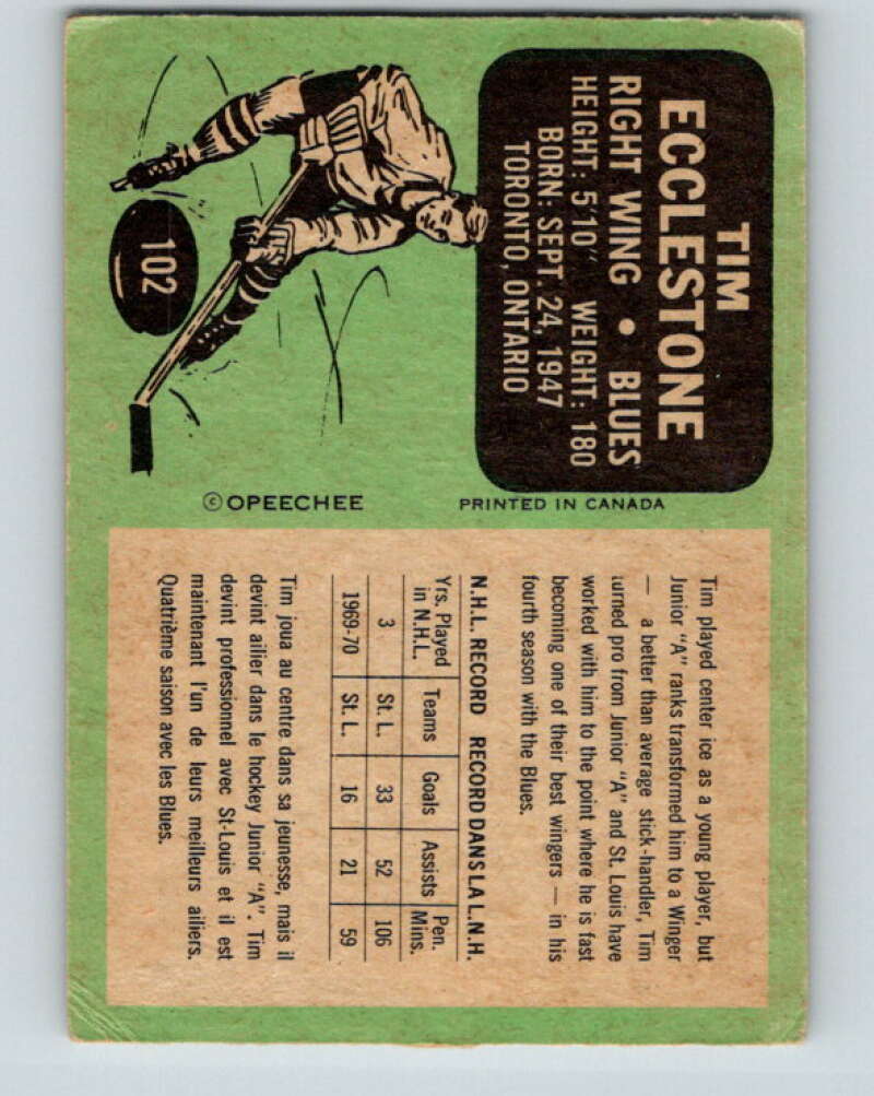 1970-71 O-Pee-Chee #102 Tim Ecclestone  St. Louis Blues  V2640