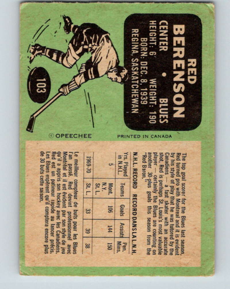 1970-71 O-Pee-Chee #103 Red Berenson  St. Louis Blues  V2642