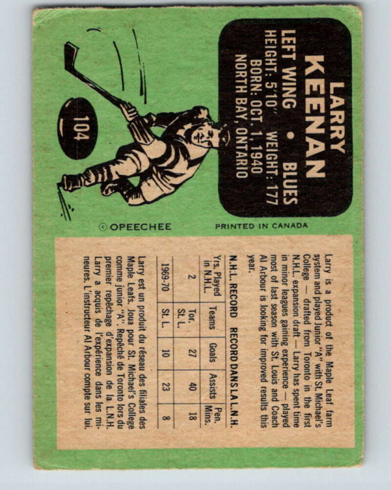 1970-71 O-Pee-Chee #104 Larry Keenan  St. Louis Blues  V2644