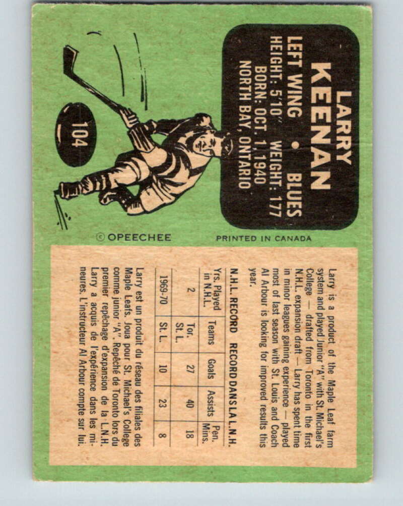 1970-71 O-Pee-Chee #104 Larry Keenan  St. Louis Blues  V2647